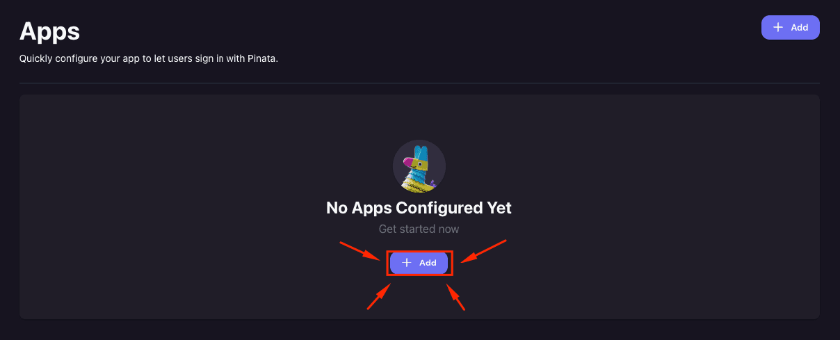 Arrows pointing to the create app button from the Pinata website